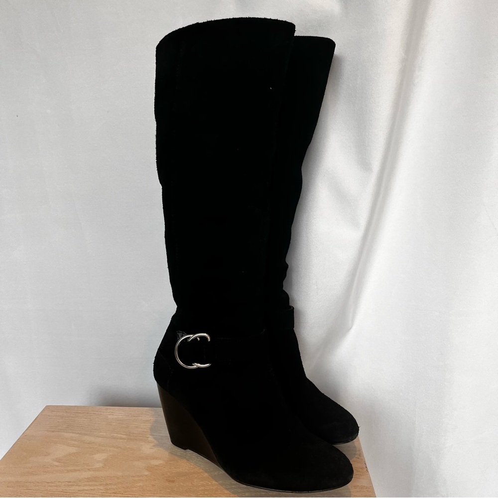 BCBG Black Suede Knee-High Wedge Boots- 6.5